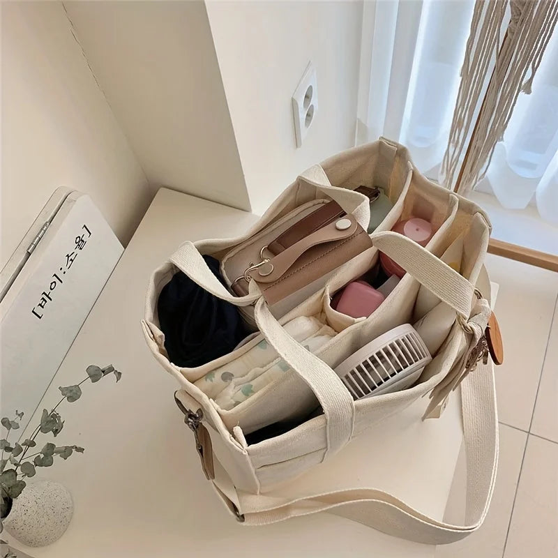 Trendy Multi-Pocket Divider Canvas Tote Bag All-Match Solid Color Shoulder Bag Perfect Casual Crossbody Bag for Commuting